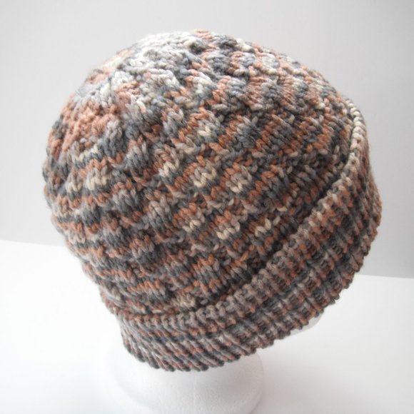 Hand Knitted Hat Toque Adult Size - L Acrylic Brown/Gray - 023 Hand knit by me - Picture 5 of 8